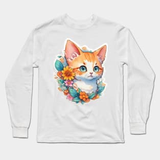 Cute Ginger Cat in watercolour with floral design Long Sleeve T-Shirt